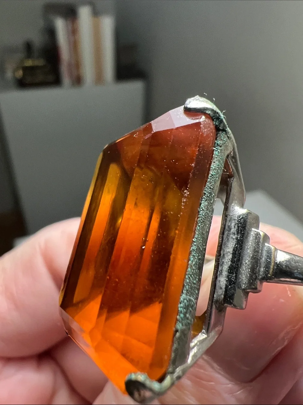 Bold Large Amber Faceted Cocktail Ring  -  Size 5 3/4 -  Heirloom Estate Vintage